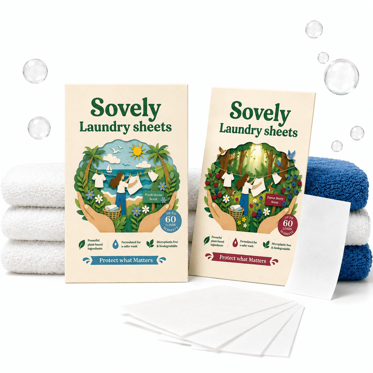 Sovely Laundry Sheets two pack with Fresh Ocean and Forest Berry scents